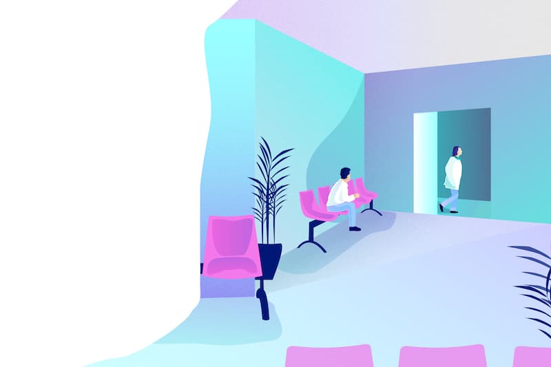 Illustration of patient in medical office waiting room, for a fecal calprotectin test