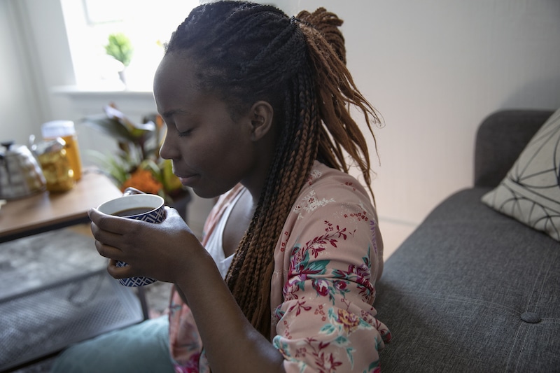 Tips to control stress with IBD include relaxing with a cup of calming herbal tea