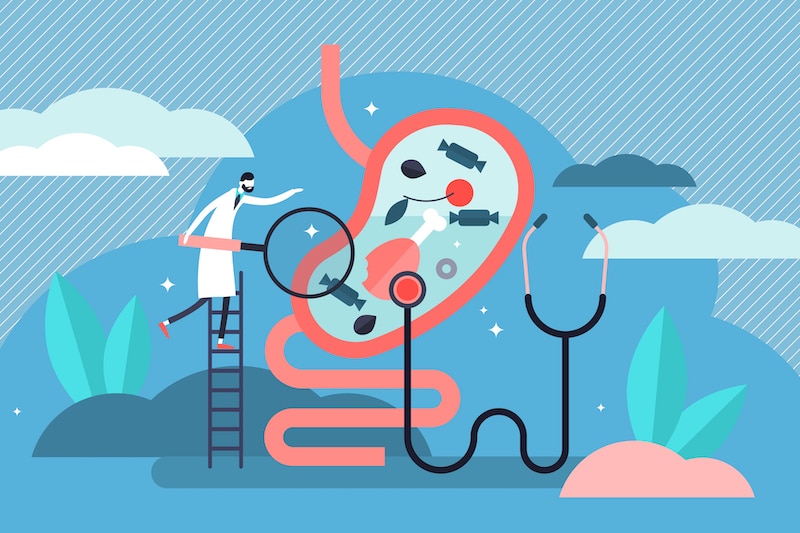 illustration of digestive tract, doctor performing fecal calprotectin test